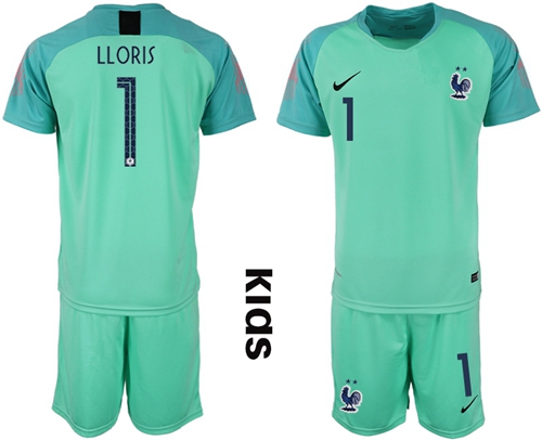 France #1 Lloris Green Goalkeeper Kid Soccer Country Jersey